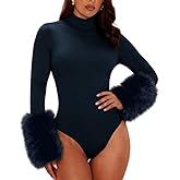 Women Fur Cuff Bodysuit Autumn Sexy Cuff Patchwork Furry Long Sleeve Mock Neck Solid Bodysuit Sexy Club Outfits Fuzzy Top