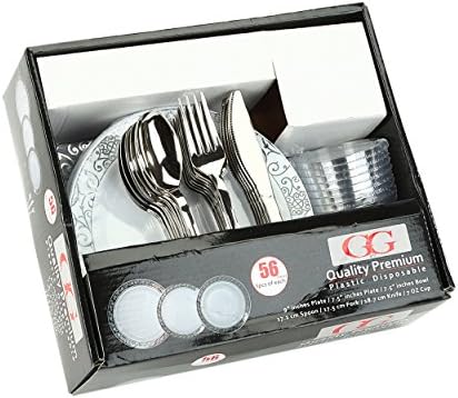 RANB- 56 Pcs. Disposible Dinnerware Set. 7.5 inch Bowl, 7.5 inch Plate, 9 inch Plate, Fork, Knife, Spoon, 7 oz Cups, Wedding Plates Set, 8 pcs. Each.