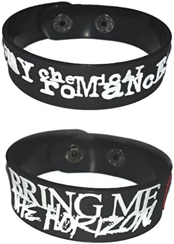2 PIECES x ( MY CHEMICAL &amp; BRING ME THE HORIZON ) NEW RUBBER BRACELET WRISTBAND MUSIC ROCK POP UNISEX MEN WOMEN BLACK WHITE SOUVENIRS GIFT DAY WS46