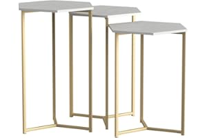 Walker Edison Modern Hexagon Nesting Side End Table Set Living Room Storage Small End Table, Set Of 3, Marble and Gold