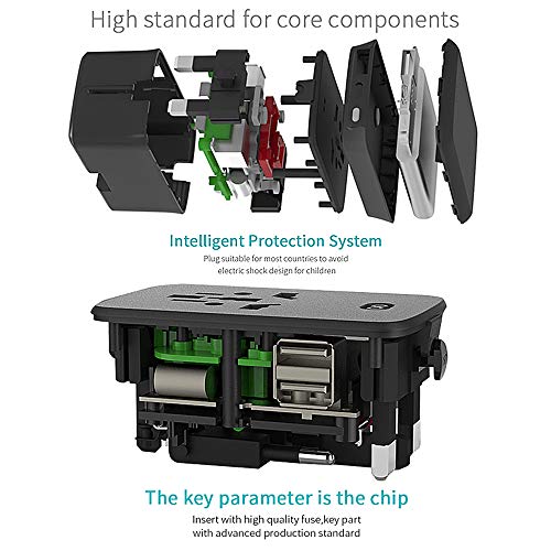 40000KM Travel Adapter with Wireless Charger Pad Universal All-in-one Plug Charger Adapter For 1500W High Power Appliances Dual Smart USB Port SW6207 (Black)