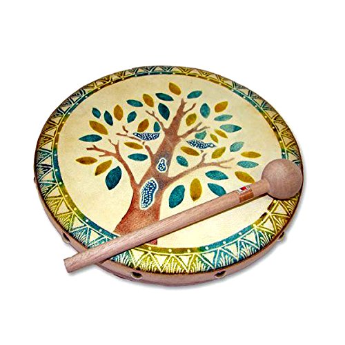 image for Global Crafts Traditional Goat Skin Frame Drum with Batik Blooming Tre