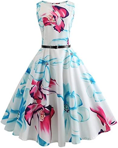 WOCACHI Women Tea Dresses Vintage Sleeveless Floral Casual Evening Party Prom Swing Dress with Belt