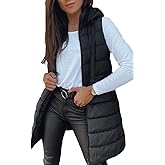 Veatzaer Women Long Vest Solid Color Sleeveless Hood Winter Puffer Vest Outwear