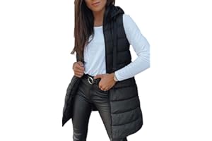 Veatzaer Women Long Vest Solid Color Sleeveless Hood Winter Puffer Vest Outwear