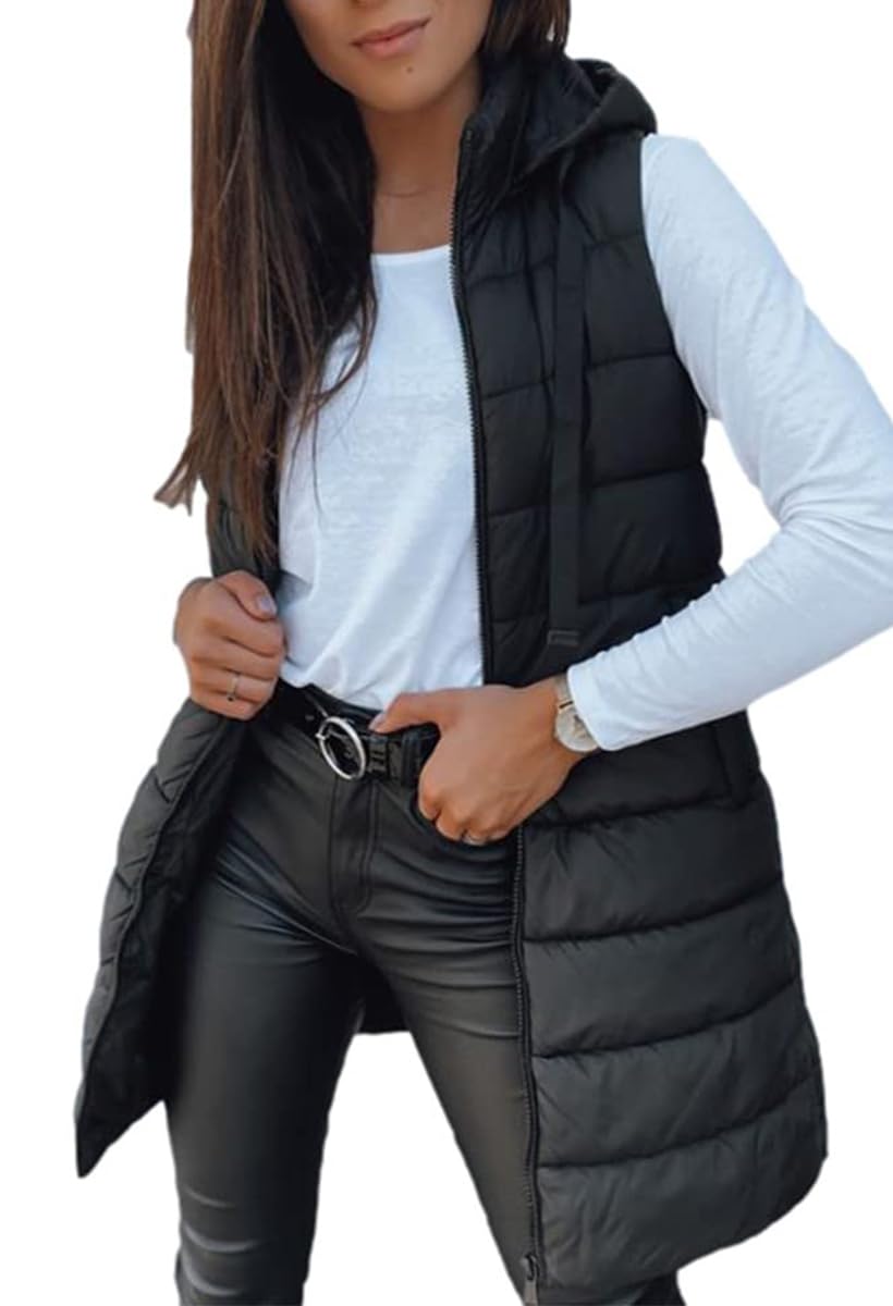 Photo 1 of Veatzaer Women Long Vest Solid Color Sleeveless Hood Winter Puffer Vest Outwear