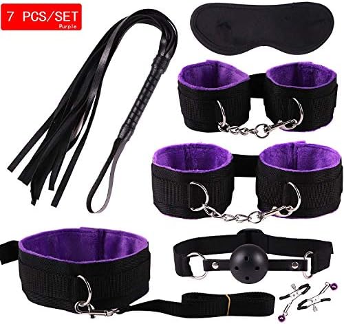 7 pcs/Set Nylon Leather Kit Alternative Bundled Binding Set Sexy Suit Plush Set Sexy Toy Suit SM Kit for Couple Adult (Black-Purple)
