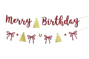 KUNGOON Christmas Birthday Party Banner, Red Glitter Merry Birthday Sign with Gold Trees and Bows, Holiday Party Decorations,
