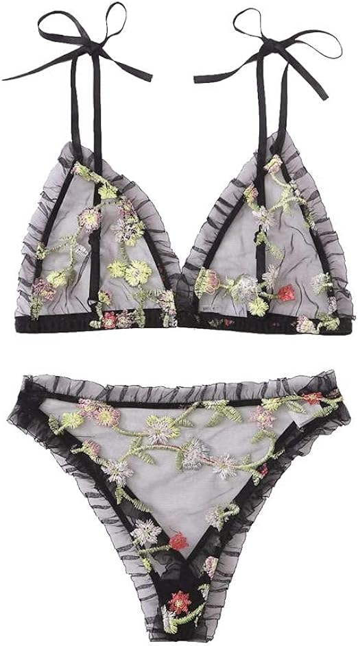 Lingerie Donna Sexy In Pizzo - Set 2 Pezzi Reggiseno Push Up E Mutandina Con Ricamo Floreale