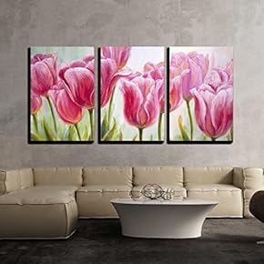 3 Piece Canvas Wall Art - Tulips, Oil Painting on Canvas - Modern Home Art Stretched and Framed Ready to Hang - 16"x24"x3 Panels
