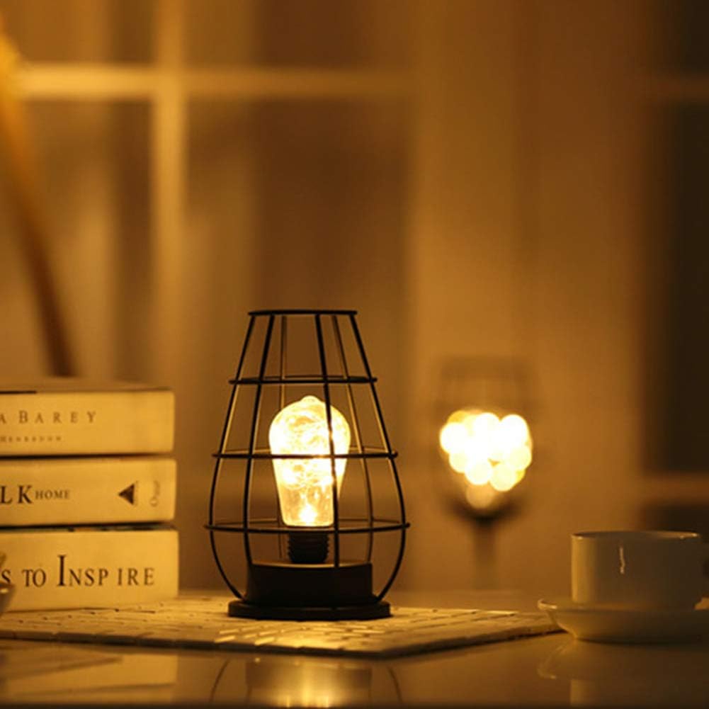 Diamond Metal cage LED Lantern Battery Powered, Retro Table Lamp Cordless Accent Light with LED Edsion Style Bulb. Great for Weddings, Parties, Patio