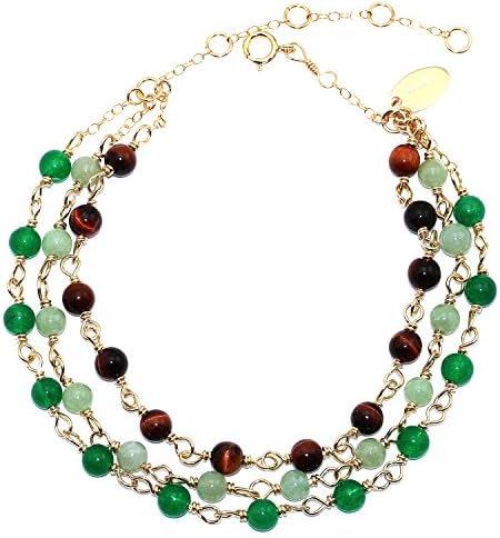 Handmade 14kt Gold-Filled 3 Strand 9"Bracelet with Tiger-eye, Green Quartzite, Jadeite Beads