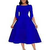 SOMTHRON Women's Elegant 3/4 Petal Sleeve Long Maxi Dress Crewneck A-Line Pleated Swing Formal Cocktail Party Dress