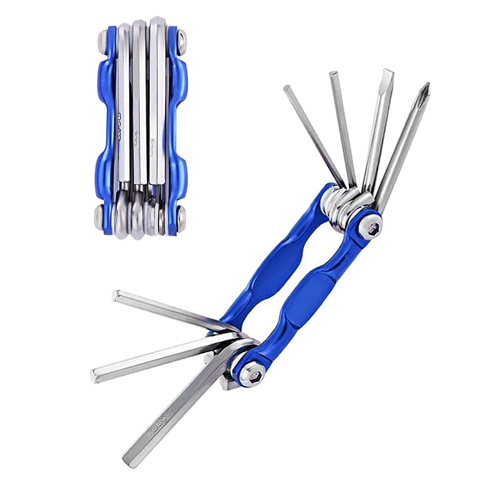 QitinDasen 7 in 1 Multifunctional Bike Repair Tool, Portable Foldable Bicycle Repair Tool, Mini Stainless-Steel Bike Repair & Maintenance Tool Kit (Blue)