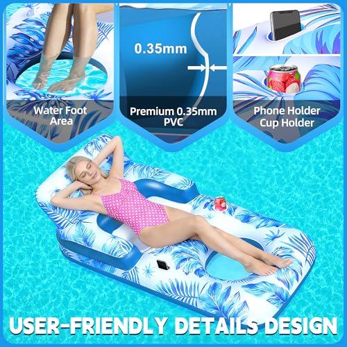 ChlorBlu Adult Inflatable Pool Mattress, Adult Swimming Pool Ring with Pillow and Handles, Drink Holder and Phone Holder, Inflatable Pool Chair for Adults, Tanning Pools
