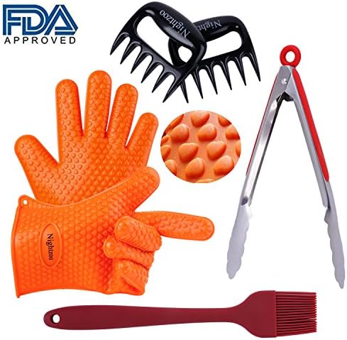 Nightzoo BBQ Grill Tools Set 2 Silicone BBQ Gloves &amp; 2 BBQ Meat Shredder Claws Sets &amp; Grill Silicone Brush and Stainless Steel Cooking Tongs,Super Value of 6 Barbecue Accessories (6pcs)