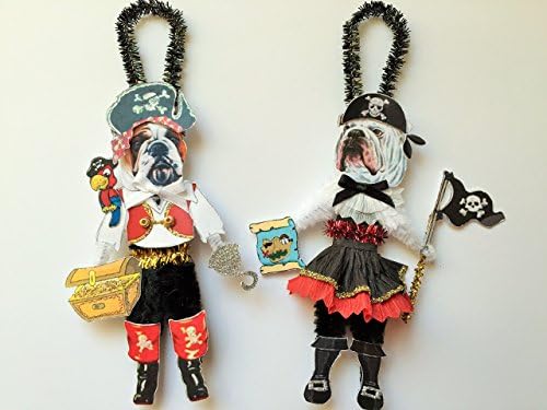 Bulldog PIRATE & Wench HALLOWEEN ORNAMENTS Vintage Style Dog Chenille Ornaments Set of 2