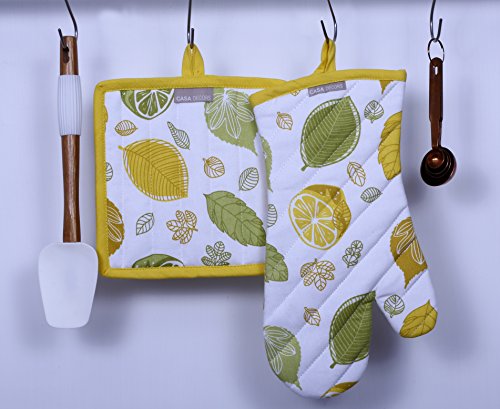 Pot Holders and Oven Mitts, Unique Citrus Splash Design, Heat Resistant, Made of 100% Cotton, Eco-Friendly & Safe, Set of 1 Oven Mitt and 1 Pot Holder, Pot Holders and Oven Mitts Sets By CASA DECORS