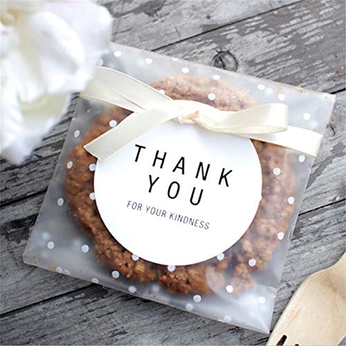 Vasdoo Self Adhesive Treat Bag Cellophane Bag Cookie Bag, White Polka Dot Party Favor Bag for Bakery, Candy, Cookie (5.5 x 5.5 inches, 100 Pcs)