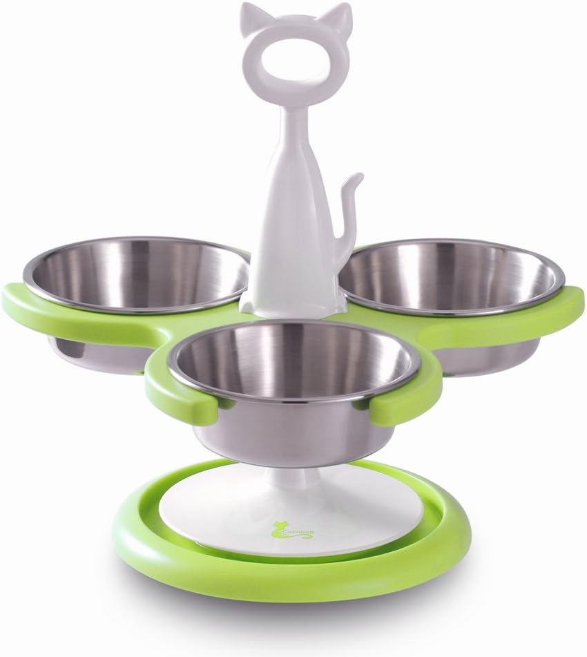 Catswall Design Raised Mutli-Cat Feeder with 3 Stainless Steel Bowls, Lime Green