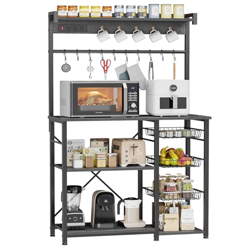 Photo 1 of *MISSING PARTS AND HARDWARE* Kalrin Large Bakers Rack with Power Outlets 38.8 Inches, 15 Hooks Coffee Bar with 3 Wire Basket, Microwave Stand Kitchen Storage Shelf for Spices, Cups, Pots, 38.8 x 16.3 x 62.2 in, Gray Oak