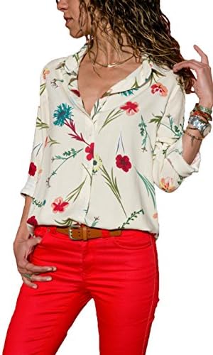 HUUSA Womens Button Up Blouses V Neck Color Block Stripes Work Casual Long Sleeve Shirt Tops