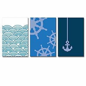 Canvas Prints Wall Art - Ocean Themed 3 Panel Wall Art with Wave,Anchor and Rudder - 16"x24" x 3 Panels