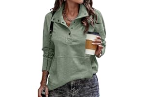 SHEWIN Women's Casual Long Sleeve Stand Neck Sweatshirt Lightweight Button Drawstring Pullover Tops