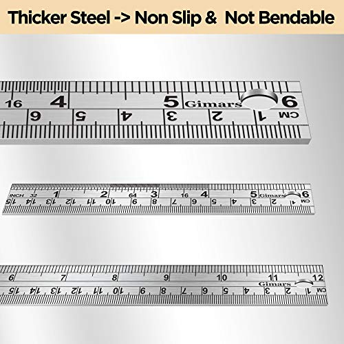 Gimars 3pcs Safety Polished and Sanded 6+12 Inch Metal Ruler Stainless Steel Ruler No Cork, Easy Read Measure on Both Ends with Inch&mm&cm for Kids, Architect, Engineers, Office, School, Craft