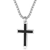 FANCIME White Gold Plated 925 Solid Sterling Silver Polished Black Men's Womens Crucifix Cross Pendant Long Fine Jewelry Valentines Day Gifts for Him,Stainless Steel Box Chain Length 24''