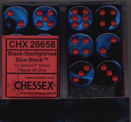 Chessex Dice d6 Sets: Gemini Black / Starlight with Red - 16mm Six Sided Die (12) Block of Dice