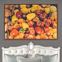 Framed Canvas Wall Art Vibrant Vegetables Citrus Colorful Farmhouse/Country Fruit Group Modern Art Multicolor Photography - 16x24 inches
