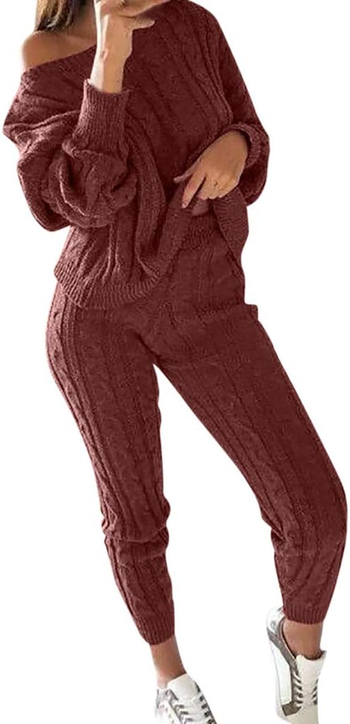 [Save 10% 2Pcs Women Sports Sweatshirt Pants Sets,Solid Off Shoulder Tracksuit Lounge Wear Suit Sets Long Sleeve Casual Cable Knitted Warm Sweater + Pants 2 Piece Outfit