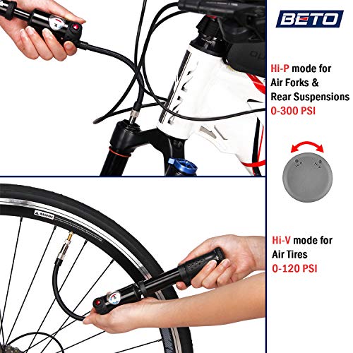 Beto 2 in 1 Shock Tire 2-Stage Mini Pump, High Pressure 300 Psi / 21 Bar for Presta, Schrader Mountain Bike Road Bicycle- Mounting Bracket Included