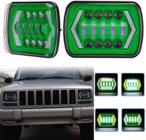 OVOTOR 5x7 inch Green Rectangular Truck LED Headlight with DRL Turn Signal for Jeep XJ YJ Cherokee Trucks Replace 69822 6052 6053
