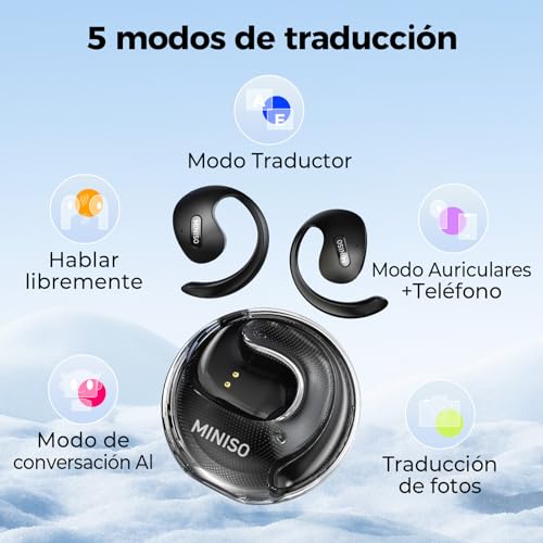 MINISO X15PRO AI Auriculares Traductores, Traductor Instantaneo de Voz 3 en 1 en Tiempo Real en 134 Idiomas con App, Compatible con iOS y Android, Negro