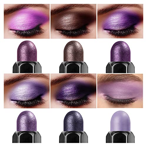 LUXAZA 6 PCS Purple Metallic Eyeshadow Stick Set, Light to Dark Cream Eye Shadow Pencil Crayon Brightener Highlighter Makeup Stick Kit, Hypoallergenic Waterproof Shimmer Eyeliner Make Up