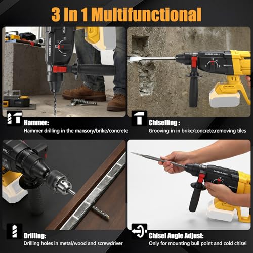 WingFly Cordless Rotary Hammer for Dewalt 18V 20V Impact Energy 3.2J with 3 SDS-plus Drilling Up to 28mm Brushless Hammer Motor Handle