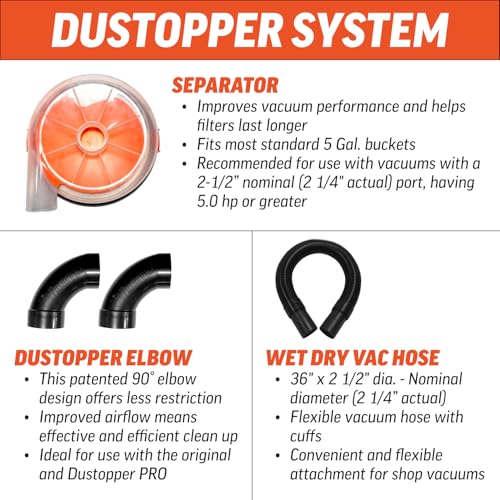 The Dustopper PRO, Low-Profile Dust Separator for Shop Wet/Dry Vacuums with at least 5HP. Includes High-Flow 90 Degree Sweep Elbows and Connection Hose. Fits Standard 5 Gallon Buckets, Made in USA