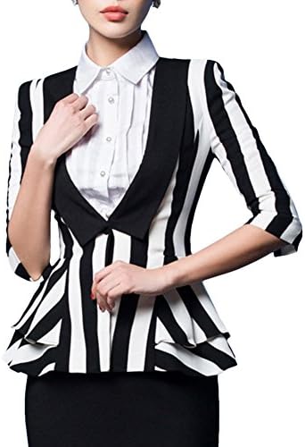 Ashlen Womens Fashion Classic Black &amp; White Striped Peplum Fitted Blazer Jacket,Black Blazer,8-10
