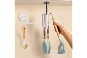 2 Pieces 360 Rotating Hook Multi-Purpose Hanging Holder Hook, Self-Adhesive Hook Utensil Rack with 7 Hooks for Kitchen Bathro