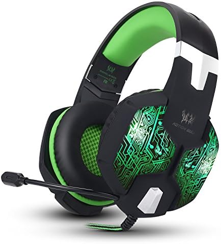 Kzon 3.5mm Stereo Over-ear Gaming Headphone with Noise Isolation, Volume Control, Mic and 7 Colors Breathing LED Light - GREEN