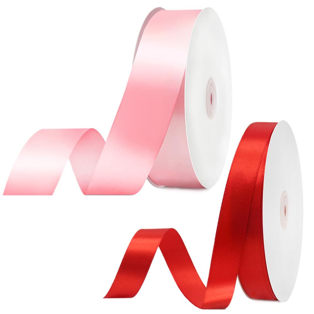 Pink Ribbon for Gift Wrapping, AIFUDA 100 Yards Satin Ribbon, 1.57inch Red & 0.79inch Craft Solid Satin Ribbon for Flower Bouquet Wedding Party Decoration