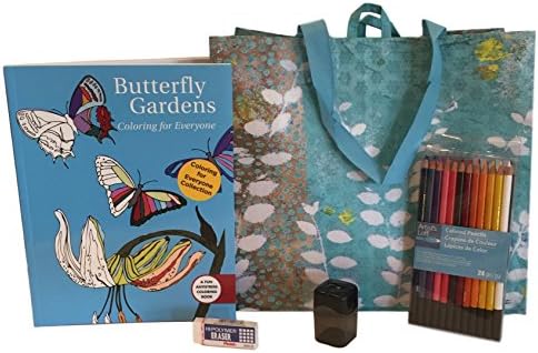 Adult Coloring Book Bundle Kit, Coloring Book, 24 ct. Pencils, Sharpener and Eraser in a Cute Tote Bag (Butterfly Gardens) Great for Fathers Day