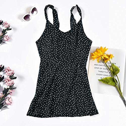 Caopixx Women's Summer V-Neck Sleeveless Polka Dot Beach Dress Short Mini A-Line Dress Black