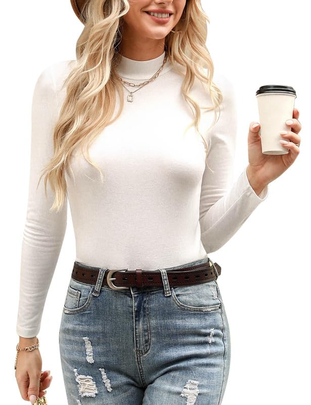 Marvmys Womens Long Sleeve Shirts Turtleneck Stretchy Fitted Casual Tops Basic Base Layer Soft Thermal Tee White 2XL