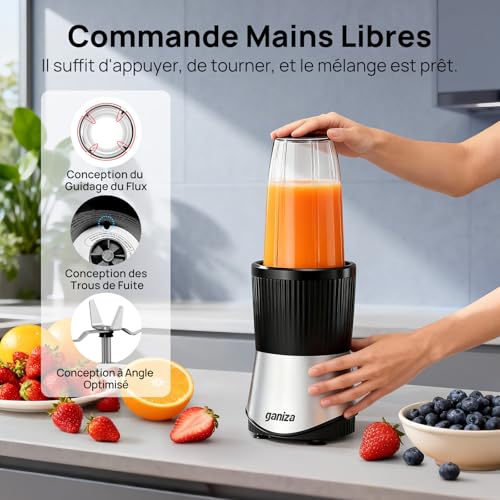 Ganiza Smoothie Maker 900W, Mini Blender with 25000rpm, 3 Tritan To-Go Bottles (300ml, 500ml & 700ml), 4 Asymmetrical Blenders, for All Types of Shakes and Smoothies, Silver/Black