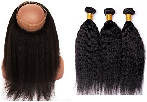 Grade Unprocessed Virgin Hair Brazilian Silk Kinky Straight 3pcs with 360 Lace Frontal Closure Cheap Hair Bundles Human Hair (202222+20)