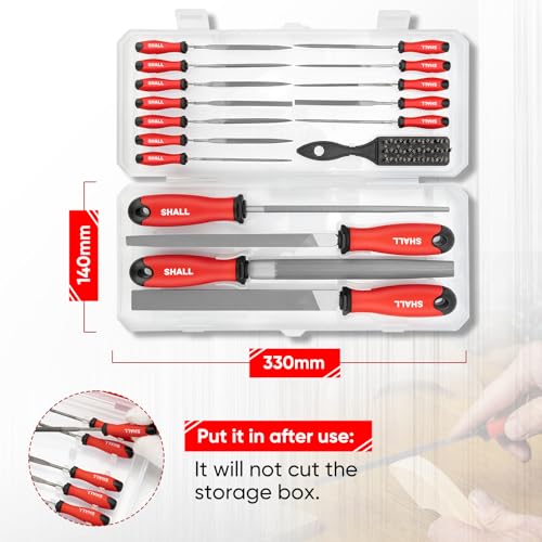 SHALL Juego de 17 limas de metal para metal, madera y plástico, 4 limas de mano y 12 de aguja, cepillo de alambre, lima de metal de alta calidad con caja de almacenamiento.
