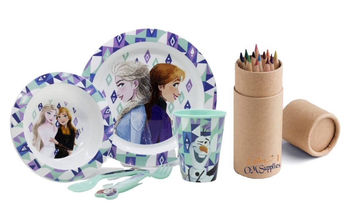 Frozen Cartoon Character Dinner Tableware Set 5pcs Plate, Bowl, Cup & Cutlery, BPA Free re-usable Plastic Microwave Safe Includes Half Size 12pcs Pencil Set (Frozen)